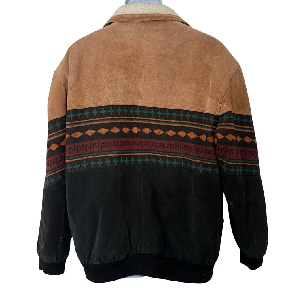 Vintage 90s Tan Black Leather Southwest Sherpa Lined Trucker Jacket size XXL - Picture 6 of 16